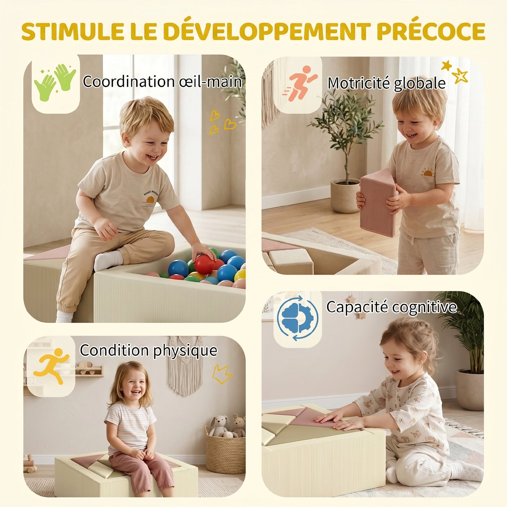Parcours motricité bébé 9PCS avec piscine à balles, module en mousse souple avec housse en velours côtelé, multicolore