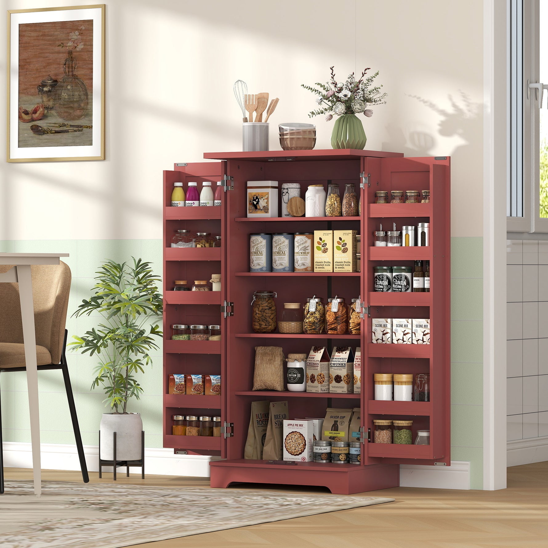 Buffet cuisine armoire de cuisine 5 niveaux avec portes et étagères réglables 60l x 40P x 120H cm grain de bois rouge