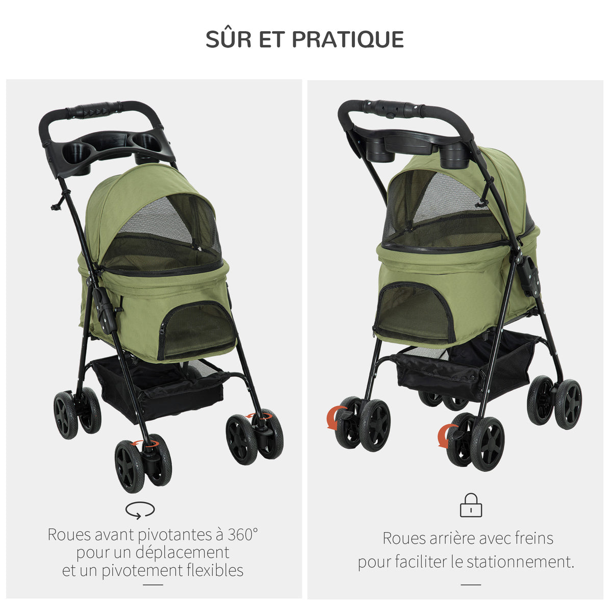 Poussette buggy pliable chien chat panier rangement porte-gobelets tissu 300D Oxford imperméable 4 roues vert