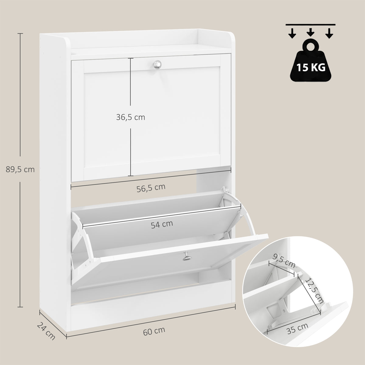 Zapatero para 10 pares, zapatero estrecho con 2 cajones abatibles, estantes ajustables, blanco
