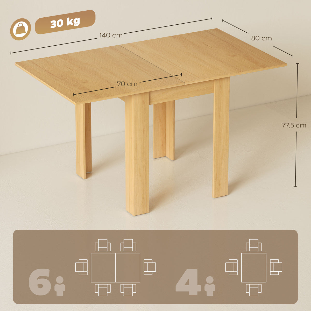 Table à manger extensible rectangle pour 4 à 6 personnes, table de cuisine 70-140 cm, patins en feutre, bois naturel