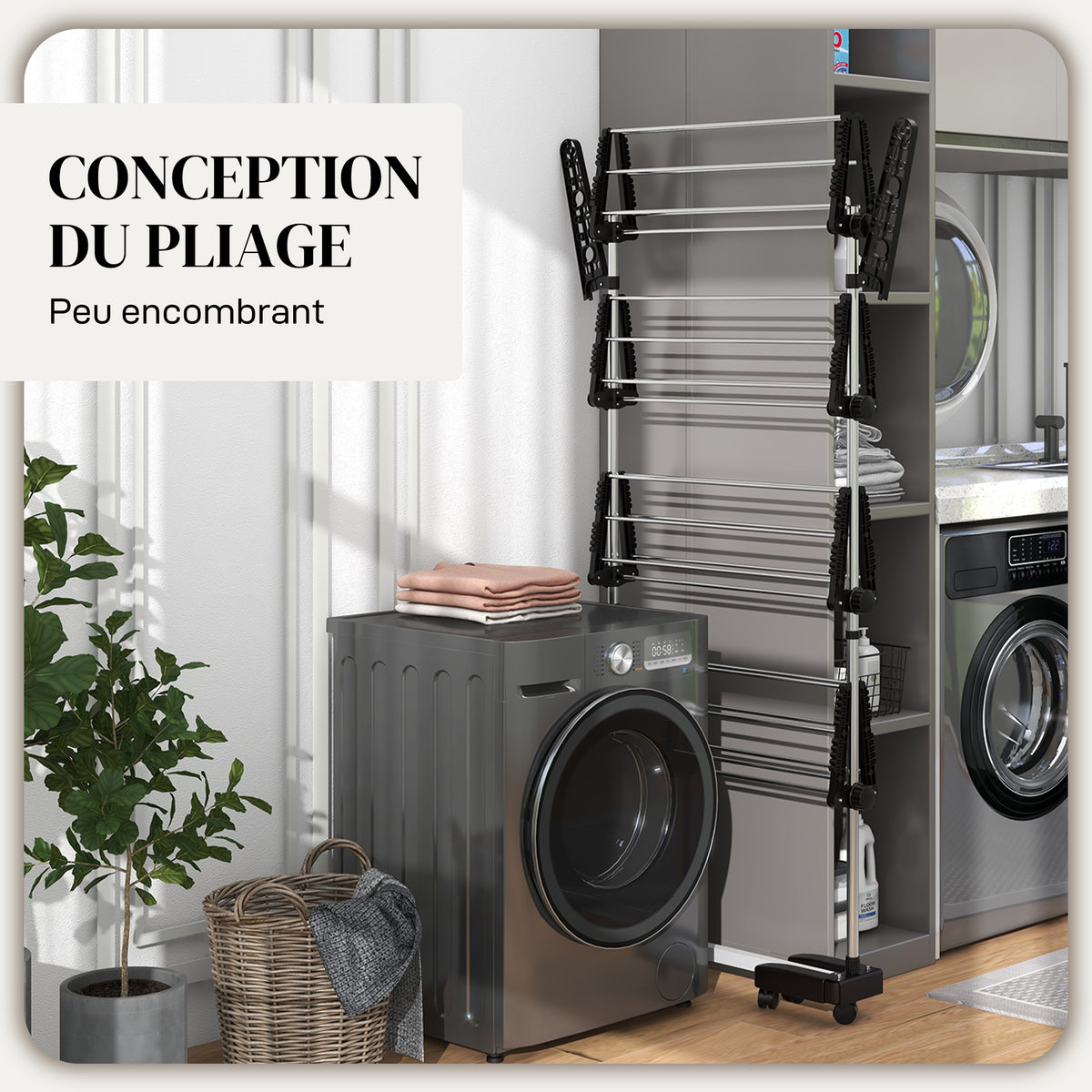 Folding laundry drying rack with side wings for indoor and outdoor use, 142 x 55 x 172 cm, 4 tiers, black