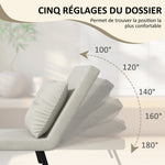 Fauteuil convertible 4 en 1 lit 1 place dossier 5 positions, accoudoirs en bois et coussin, tissu effet velours, crème