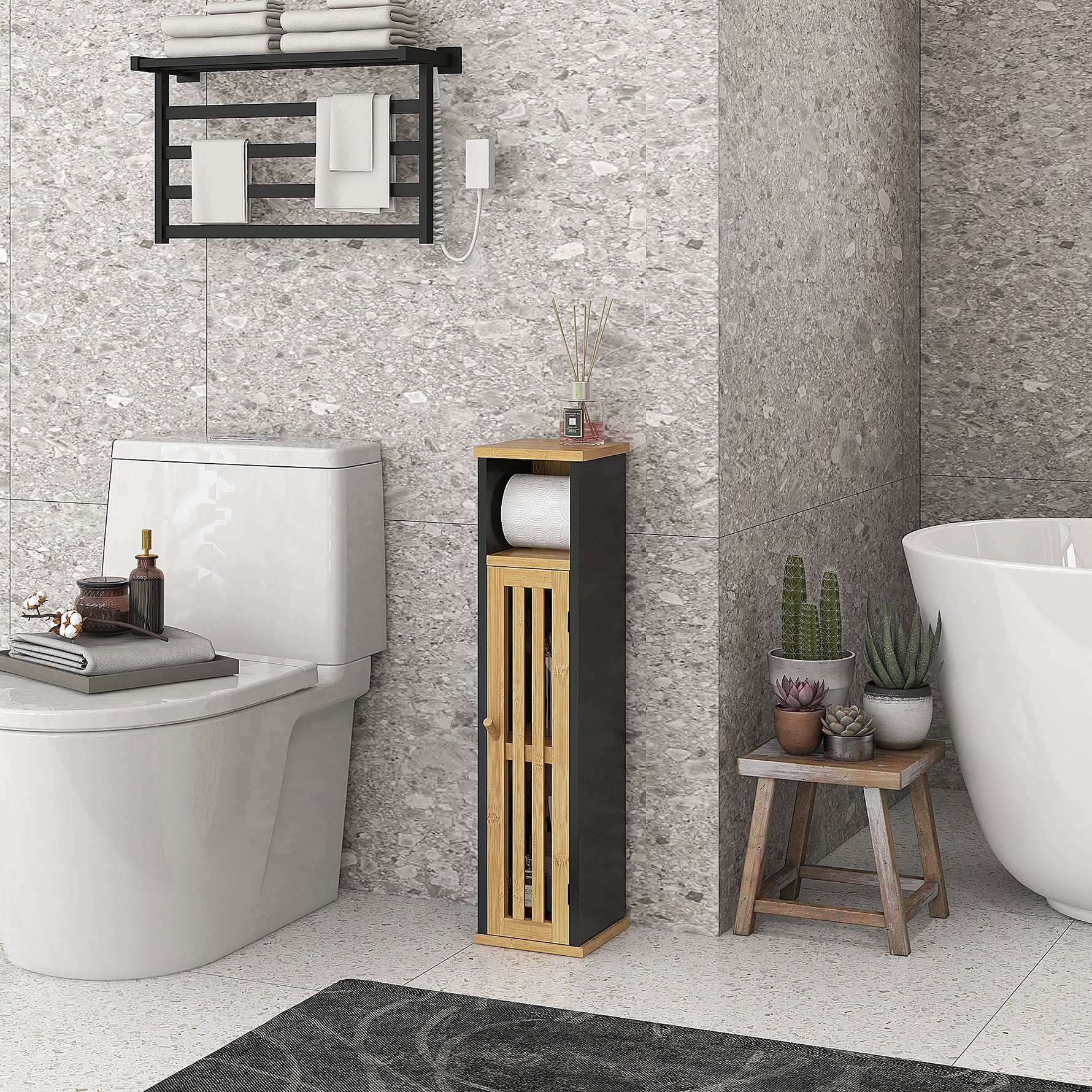 Meuble de salle de bain avec support papier toilette rangement avec barre amovible 2 Niveaux + Sortie Papier MDF Bambou