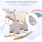 Cheval à Bascule modèle âne Fonction Musicale Selle Grand Confort Peluche Courte Douce Bois peuplier Gris dim. 61L x 34l x 58H cm