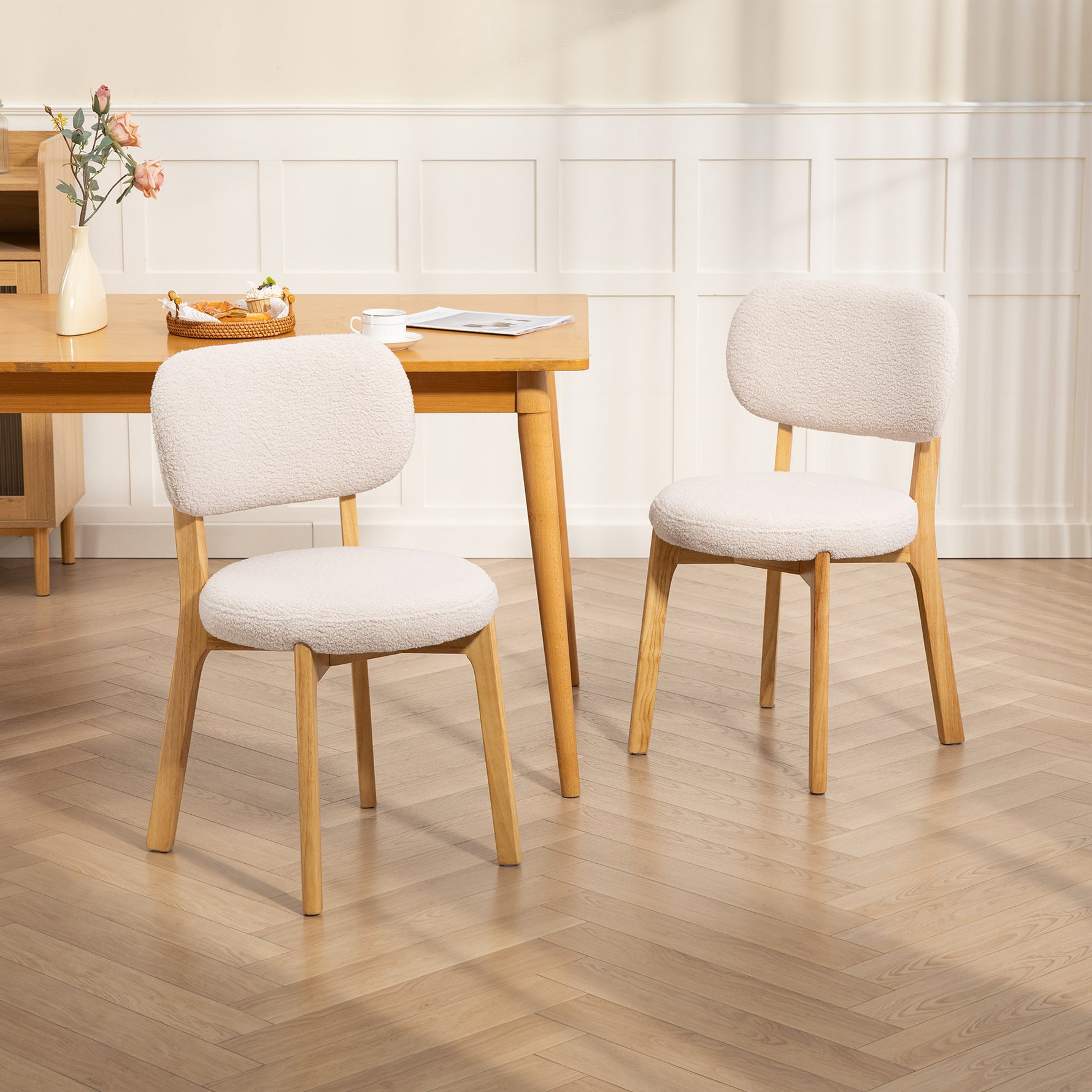 Lot de 2 chaises de salle à manger, chaises de cuisine rembourrées, pieds en bois d'hévéa, 46,5 x 52 x 80 cm, crème