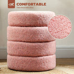 Poggiapiedi da salotto, sgabello ottomano rotondo imbottito in tessuto Teddy, per camera da letto, ingresso, Ø 40 x 45 cm, rosa