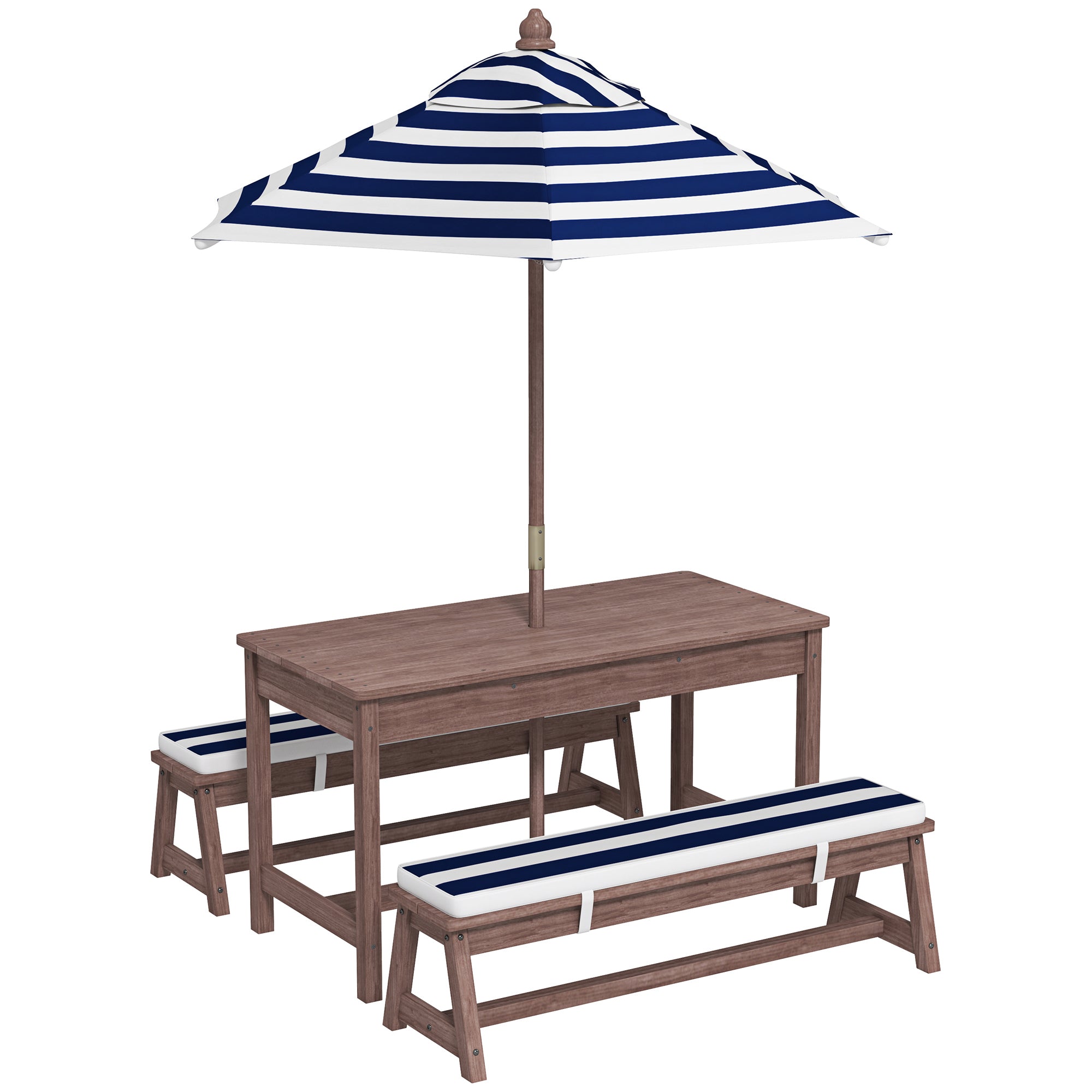 Ensemble salon de jardin extérieur enfant avec coussins et parasol amovible, rayé bleu marine et blanc