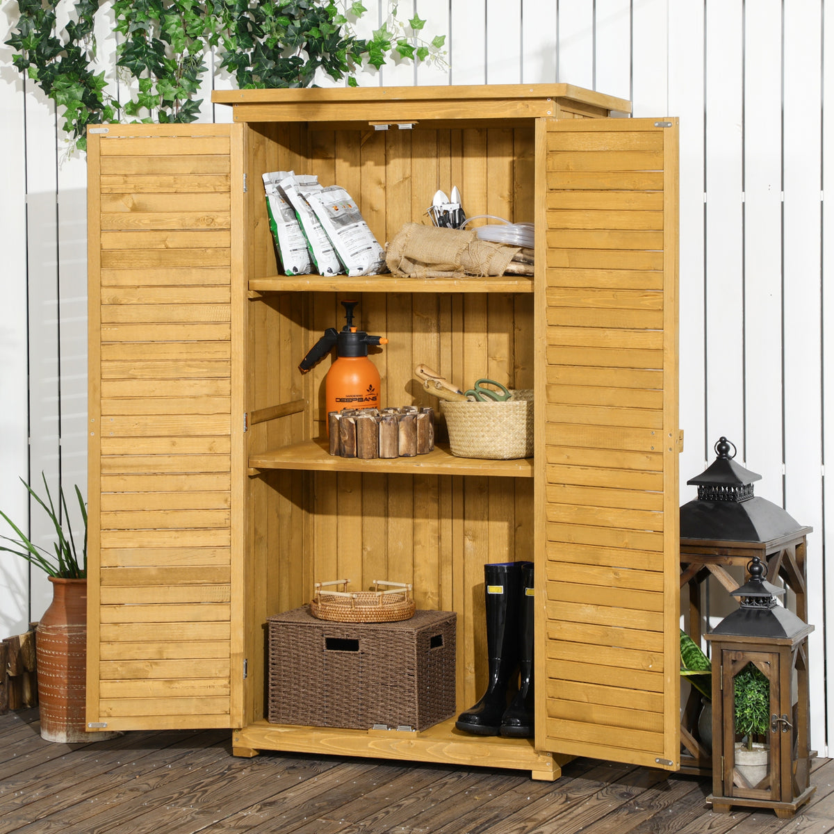 Armoire de jardin remise pour outils en bois 2 étagères toit bitumé portes persiennes 87 x 47 x 160 naturel