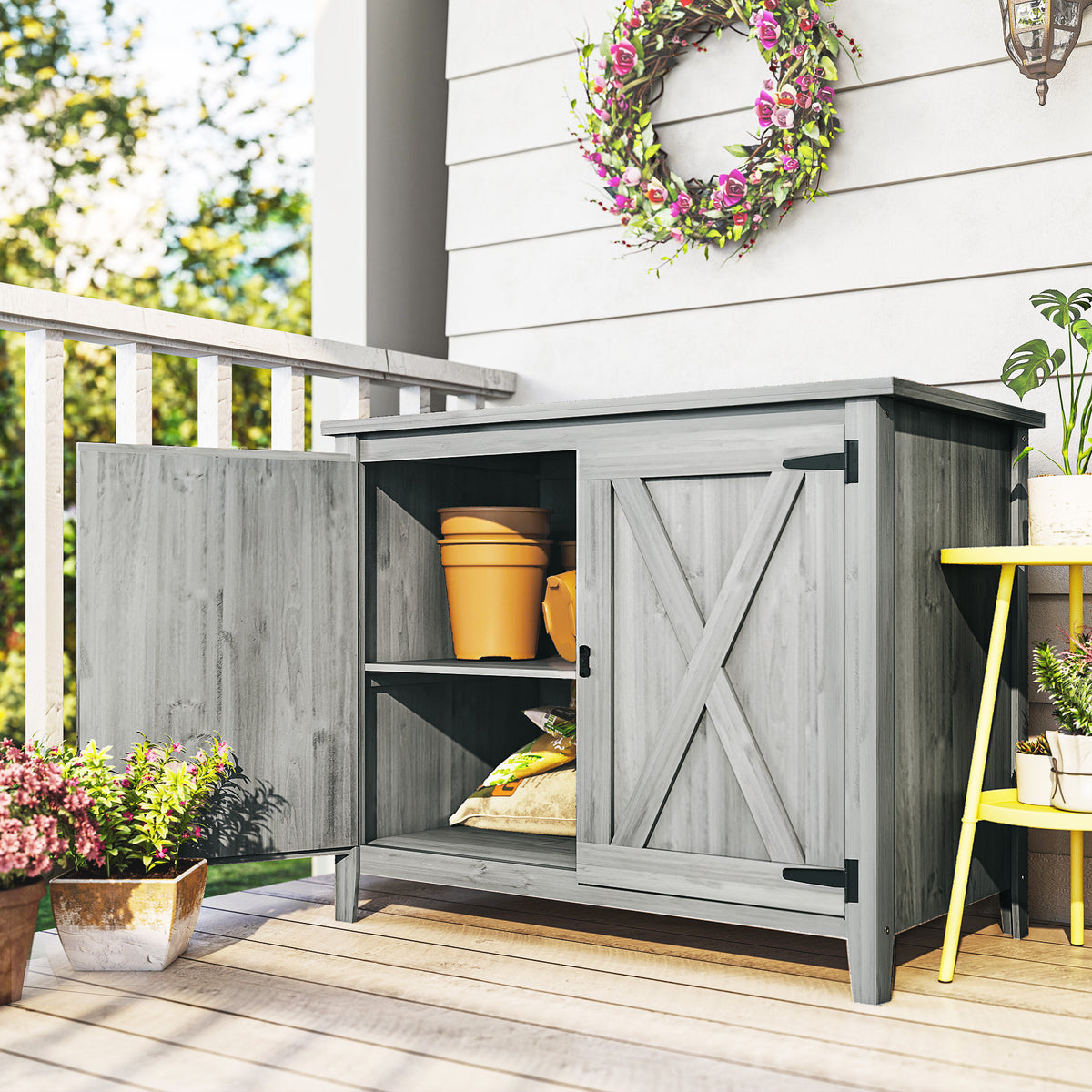 Armoire de jardin en bois, placard de jardin en bois avec étagères et double portes, 110 x 60 x 88,5 cm, gris clair
