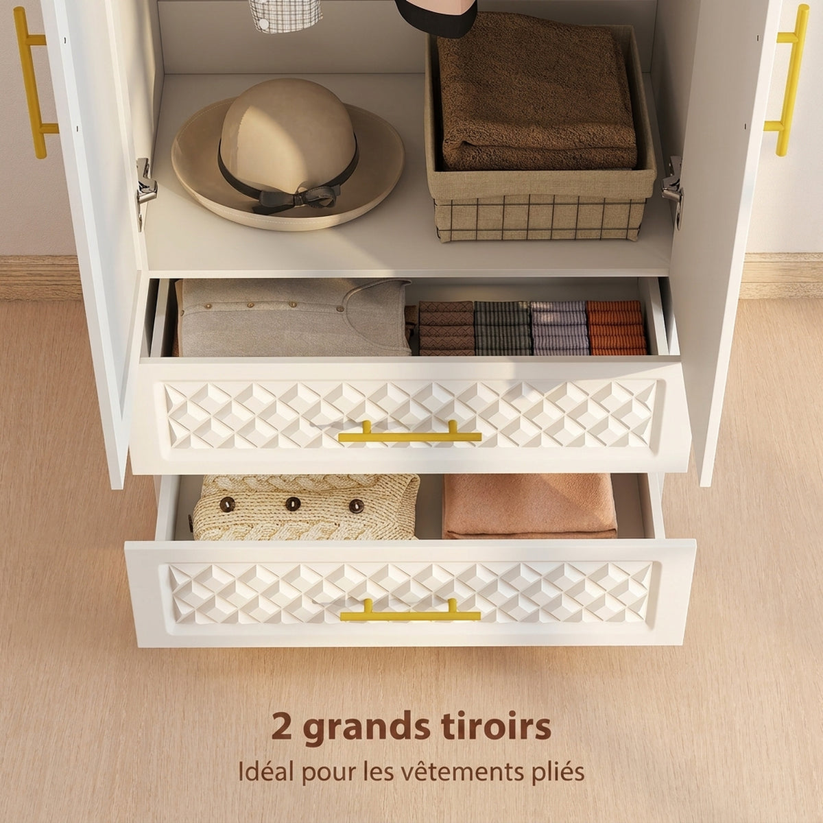 Armoire chambre penderie avec miroir, 2 tiroirs, 2 portes et barre de suspension, 80 x 50 x 180 cm, blanc