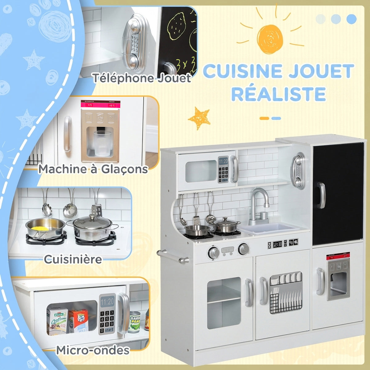 Cuisine enfant jouet d'imitation pour enfant - dinette enfant de 3-8 ans, blanc