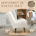 Fauteuil à Bascule, Rocking Chair en Peluche Teddy avec Dossier Haut, Coussin, Pieds en Bois d'Hévéa, Crème