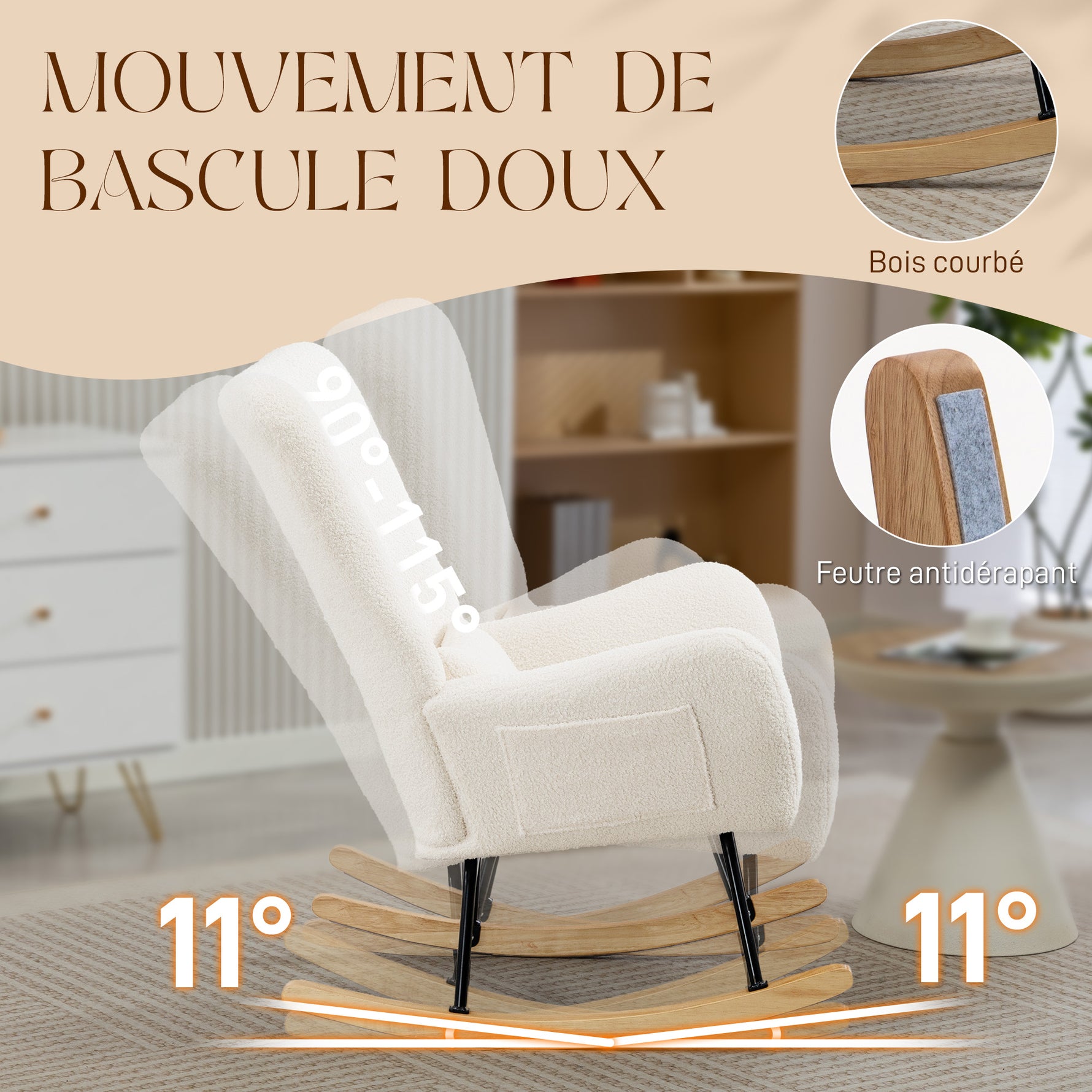 Fauteuil à Bascule, Rocking Chair en Peluche Teddy avec Dossier Haut, Coussin, Pieds en Bois d'Hévéa, Crème