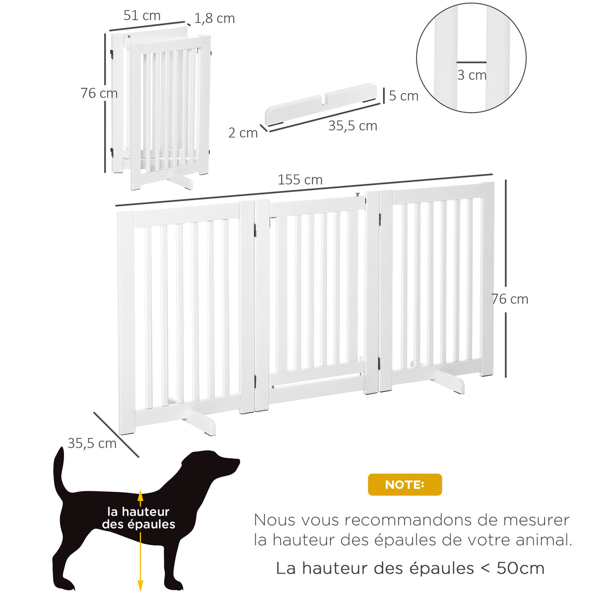 Barrière de sécurité chien barrière modulable pliable avec porte verrouillable intégrée 155 x 35,5 x 76 cm MDF blanc