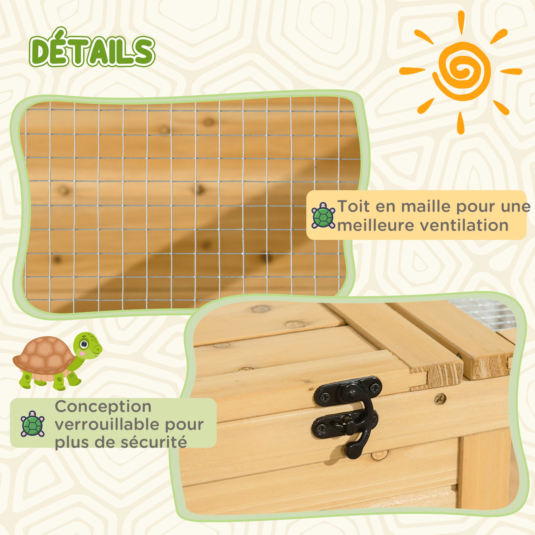 Maison enclos cage habitat pour petit animal tortues avec 2 espaces 91 x 60,5 x 32 cm bois massif jaune clair