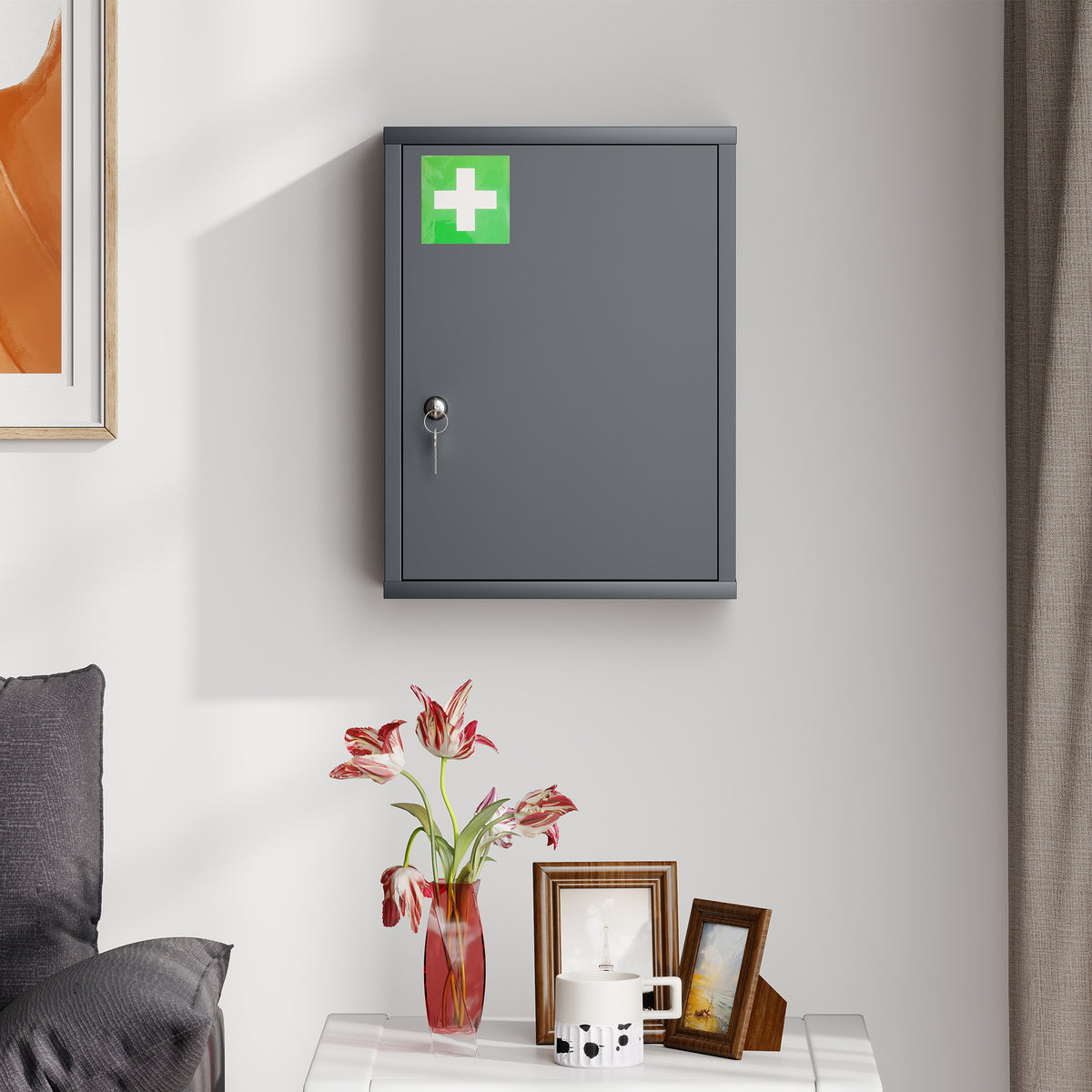 Armario botiquín de pared de acero, armario para medicamentos de 3 niveles con puerta con cerradura y 2 llaves, 40x15x53,5 cm, gris