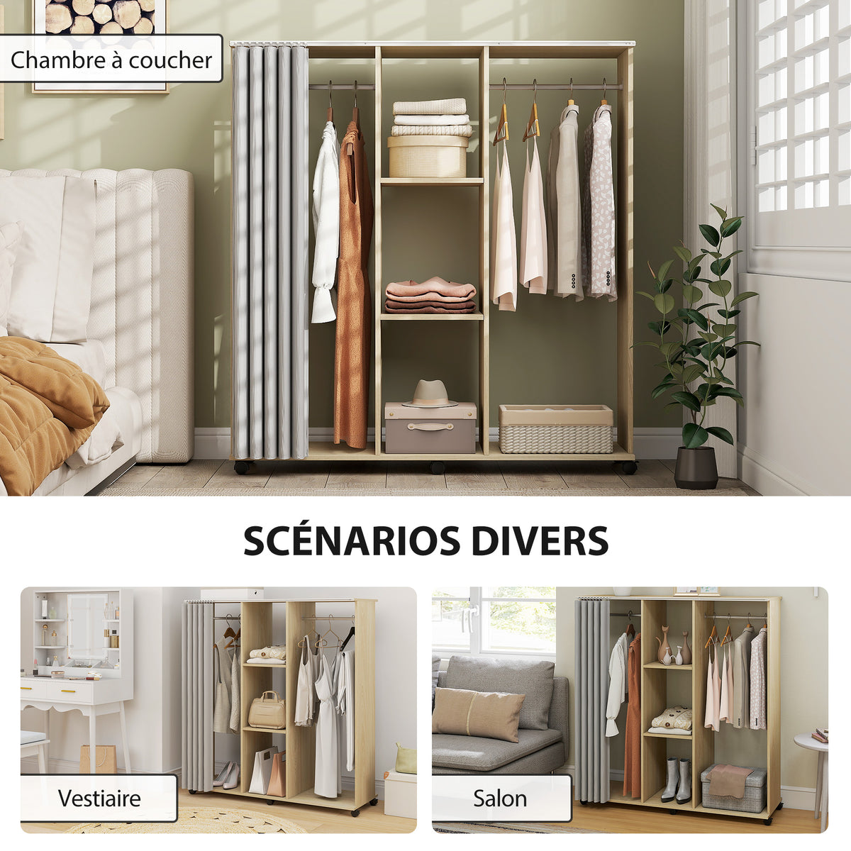 Armoire penderie Meuble de Rangement Mobile 6 roulettes 120L x 40l x 128H cm en bois naturel