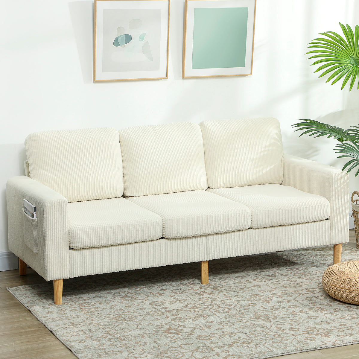Canapé 3 places en velours côtelé, canapé avec coussins à ressorts et assise rembourré, 192x80x84,5cm, beige-9
