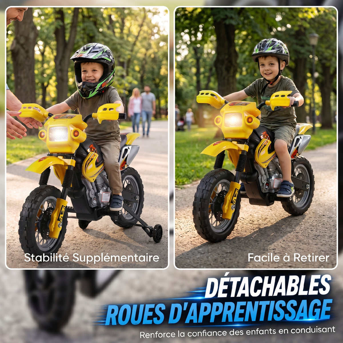 Moto électrique enfants, moto cross pour enfants avec batterie 6 V, phares, musiques et roues d'entraînement, 3 à 6 ans, charge 25KG, jaune et noir