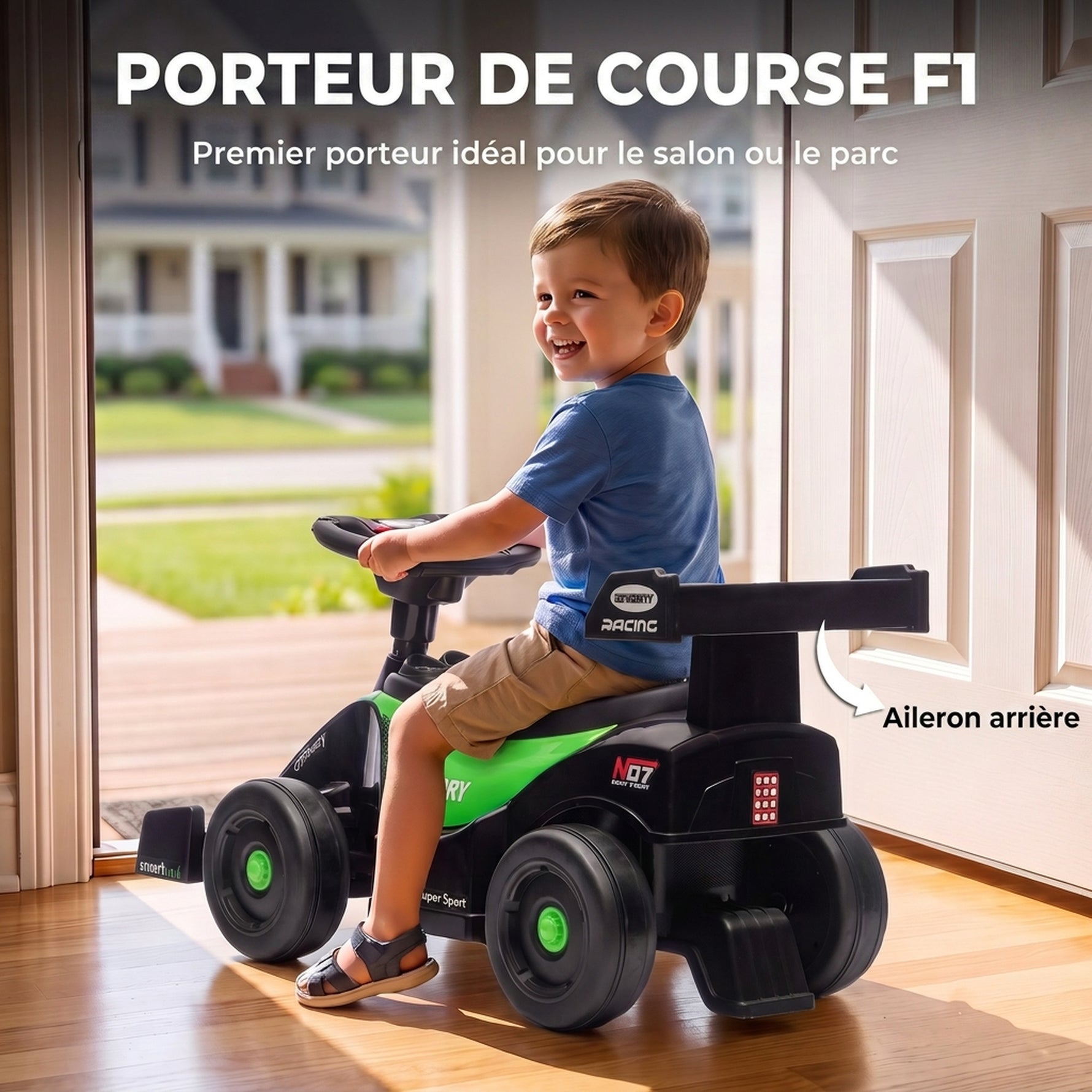 Porteur enfants voiture F1, véhicule à pousser avec volant musical, roues silencieuses et coffre, 18-36 mois, vert