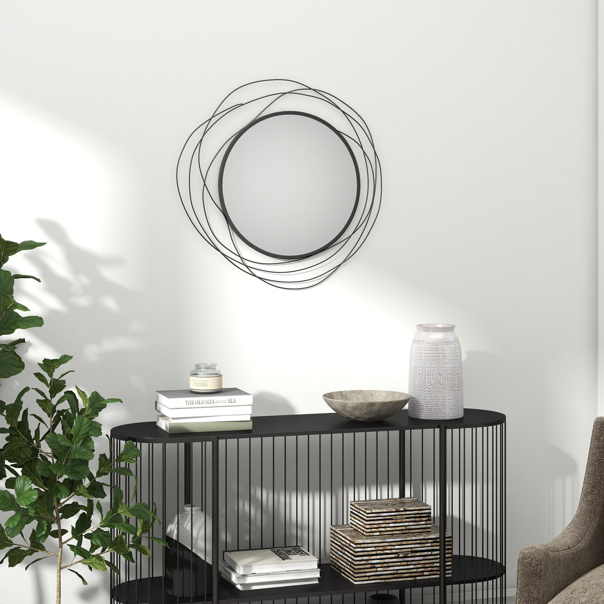 Espejo redondo de metal con perfil negro, decoración de estilo moderno, diámetro Φ65 cm