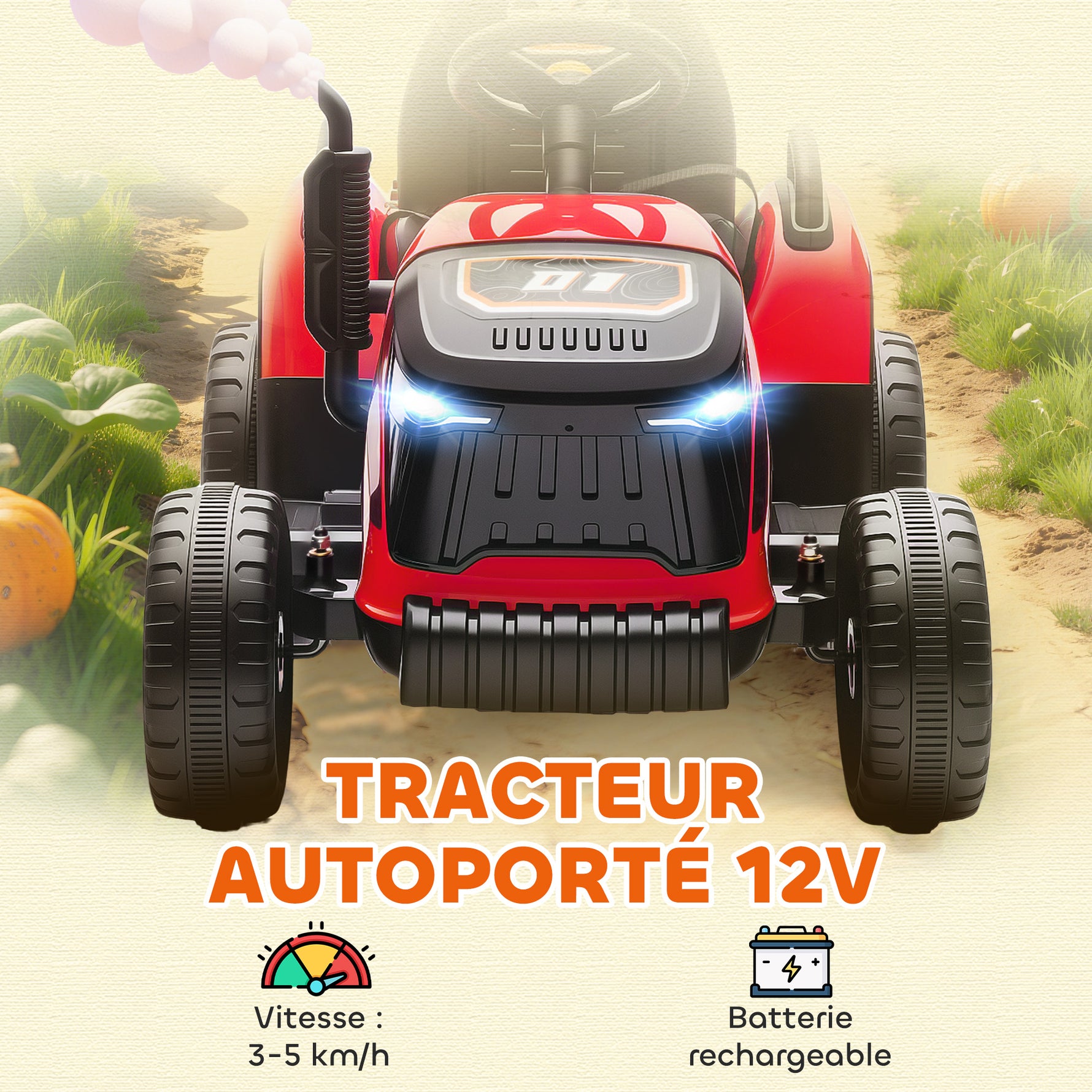 Tracteur électrique enfants avec remorque amovible, voiture électrique enfants, télécommande 2,4G, 139x58x55cm, rouge