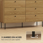 Commode 6 tiroirs meuble de rangement style moderne coins arrondis et pieds en acier 120 x 40 x 75cm effet bois de chêne