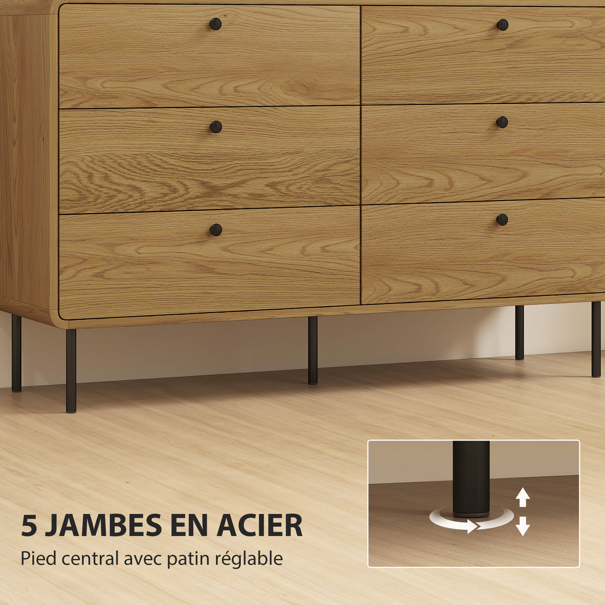 Commode 6 tiroirs meuble de rangement style moderne coins arrondis et pieds en acier 120 x 40 x 75cm effet bois de chêne