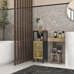Meuble bas de salle de bain en bambou avec placard 1 porte niche ouverte 32 x 30 x 90,5 cm, noir et bois