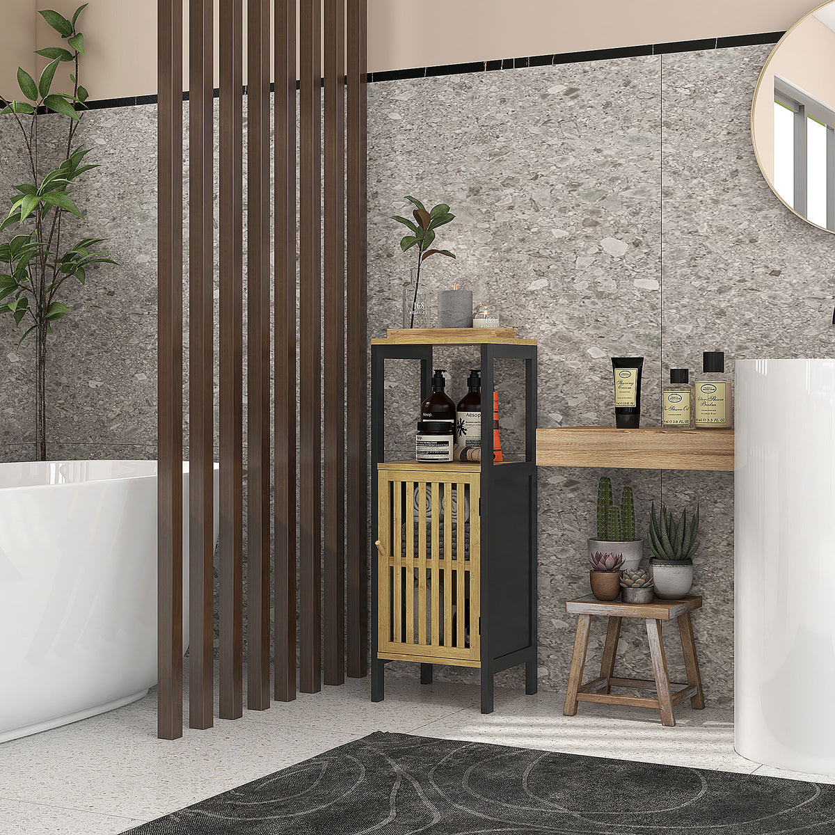Meuble bas de salle de bain en bambou avec placard 1 porte niche ouverte 32 x 30 x 90,5 cm, noir et bois