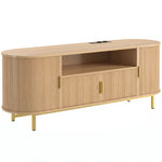 Meuble TV 140 cm avec 2 Prises et 2 Ports, Meuble Télé pour 84 Pouces, 2 Portes Battantes, 2 Portes Coulissantes, Chêne