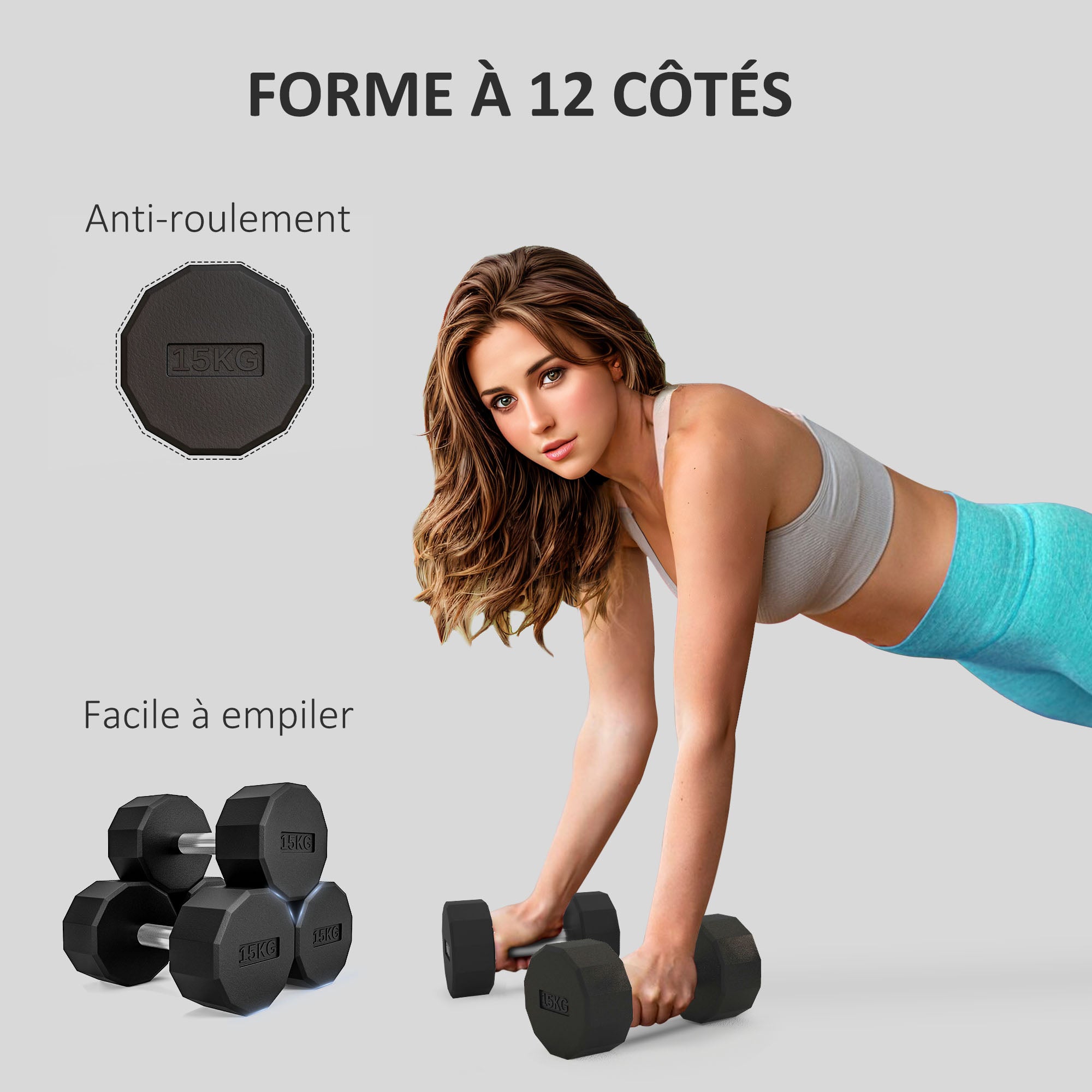 Hantel mit rutschfestem Griff, Fitness, Heimtraining, 15 kg, schwarz