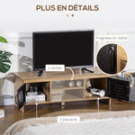 Meuble TV Banc TV 110 cm Design Industriel, avec 2 placards, 2 niches, 2 Passe-Fils, Aspect Bois veinage Portes métal Noir