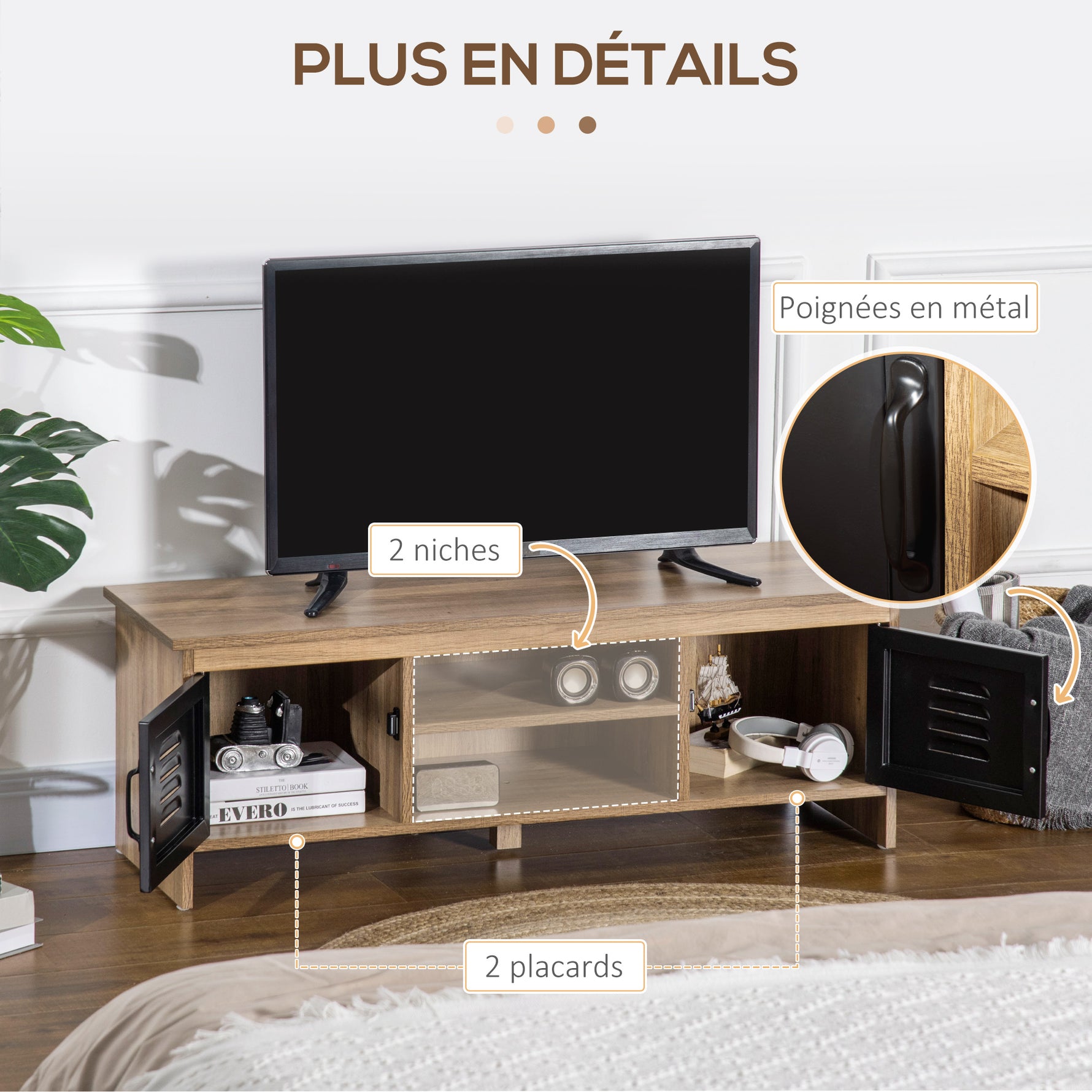 Meuble TV Banc TV 110 cm Design Industriel, avec 2 placards, 2 niches, 2 Passe-Fils, Aspect Bois veinage Portes métal Noir