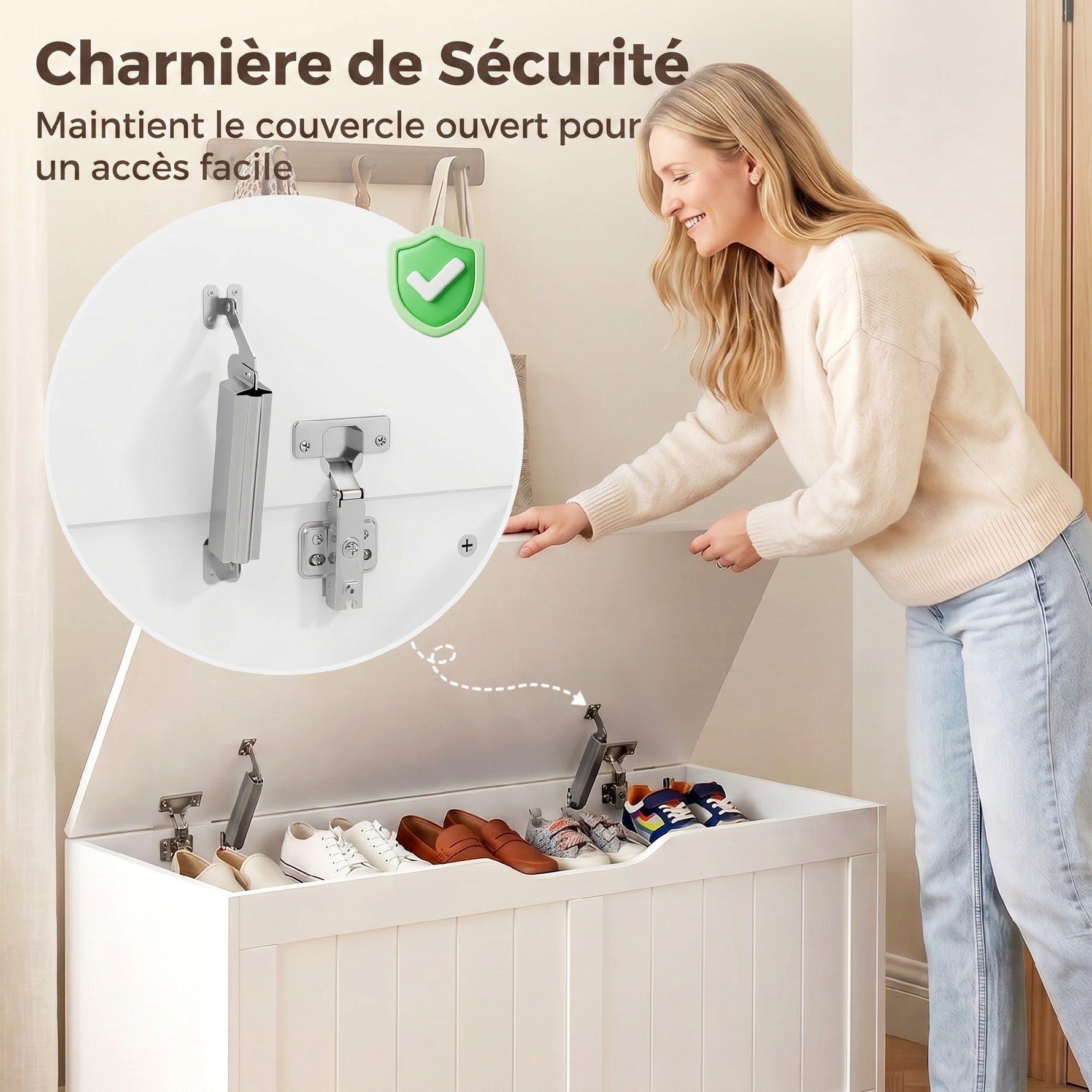 Coffre de Rangement 136 L, Banc Coffre avec 2 Charnières de Sécurité et Design Sans Poignée, 100 x 40 x 45 cm, Blanc