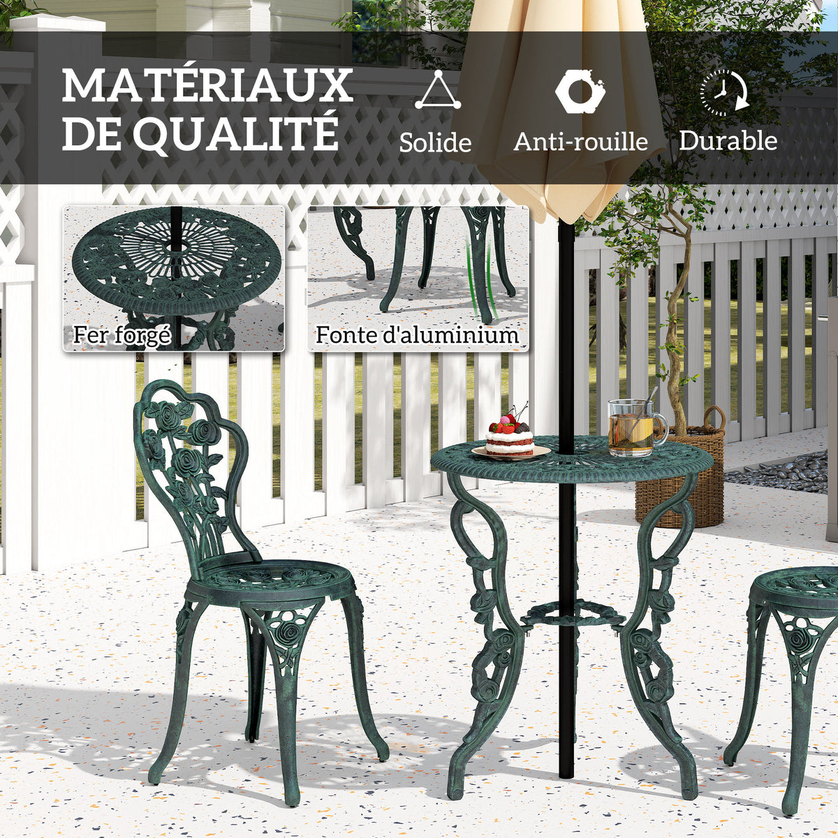 Ensemble Salon de Jardin 2 Places 2 chaises + Table Ronde Style néo-rétro Motif Rose Lignes fuselées Fonte