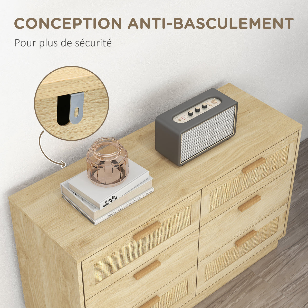 Commode design bohème en rotin avec 6 tiroirs, meuble de rangement pour le salon, le couloir, l'entrée, chêne
