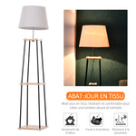 Lampadaire design contemporain dim. 40L x 40l x 160H cm 40 W max. 3 étagères intégrées bois massif pin métal noir lin beige