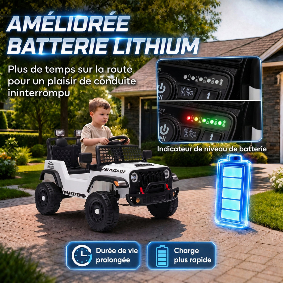 Elektroauto für Kinder, 12 V, Fernbedienung, Lithiumbatterie, Sanftanlauf, Federung an allen 4 Rädern, Weiß
