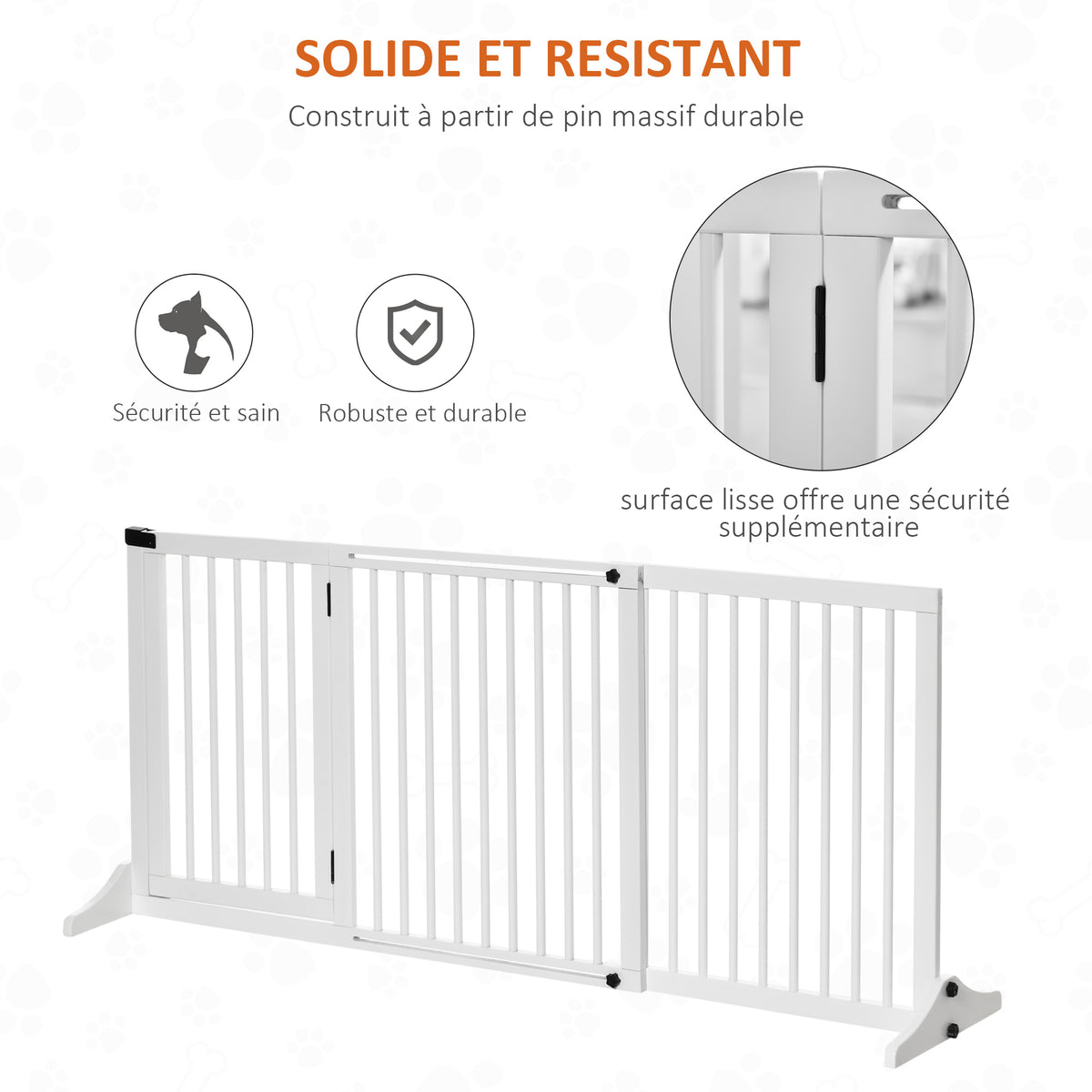 Dog safety gate, freestanding gate, adjustable length, built-in lockable door, dim. 113-166L x 36W x 71H cm, white pine
