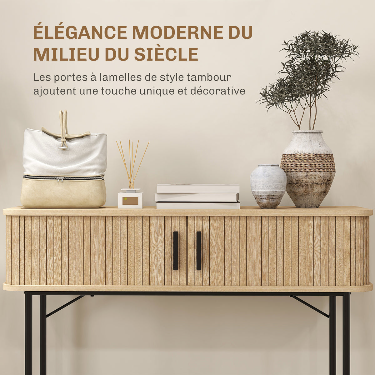Console meuble, table console avec portes coulissantes à lattes et pieds en acier, pour salon, chêne et noir