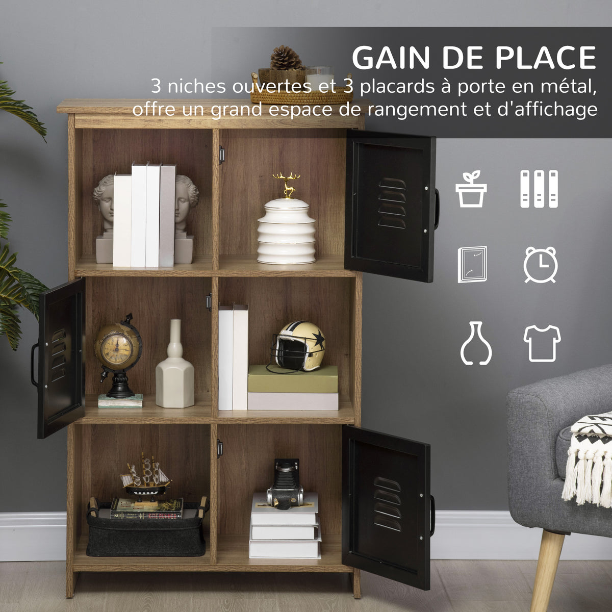 Ensemble Buffet Bibliothèque et Meuble TV Industriel 2 Passe-Fils Multi-rangement Aspect Bois veinage Portes métal Noir