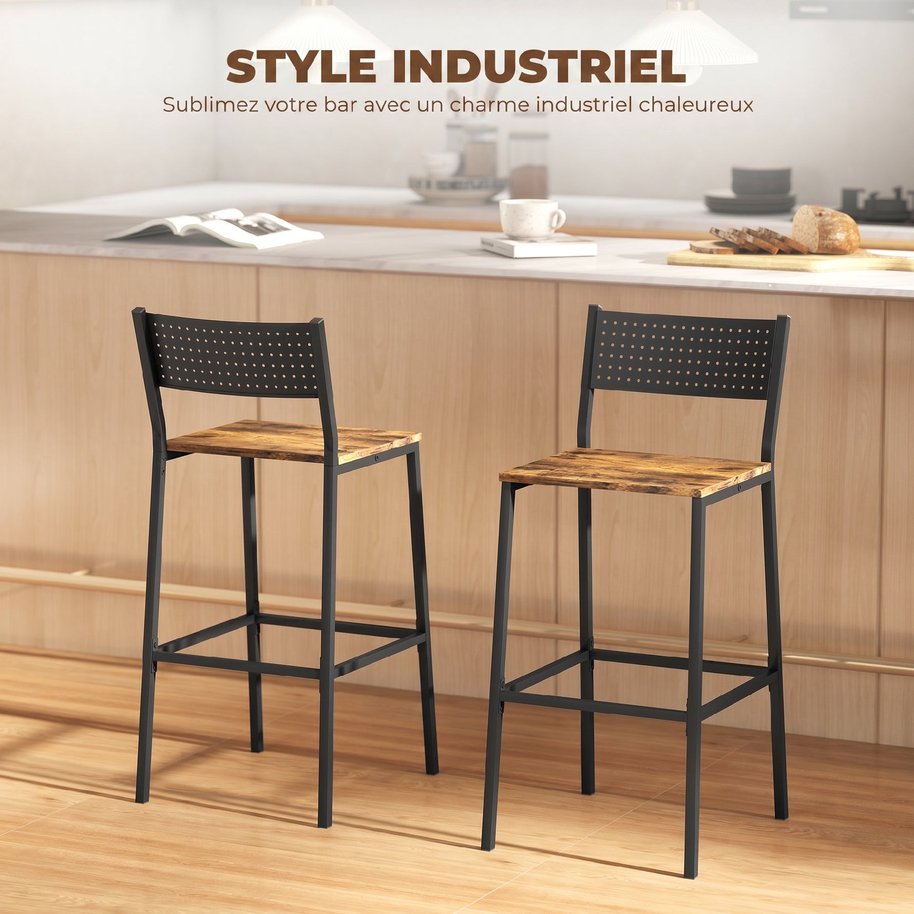 Lot de 2 tabourets de bar, chaises de bar, assise 72,5H cm, dossier et repose-pieds, pieds en métal, brun rustique
