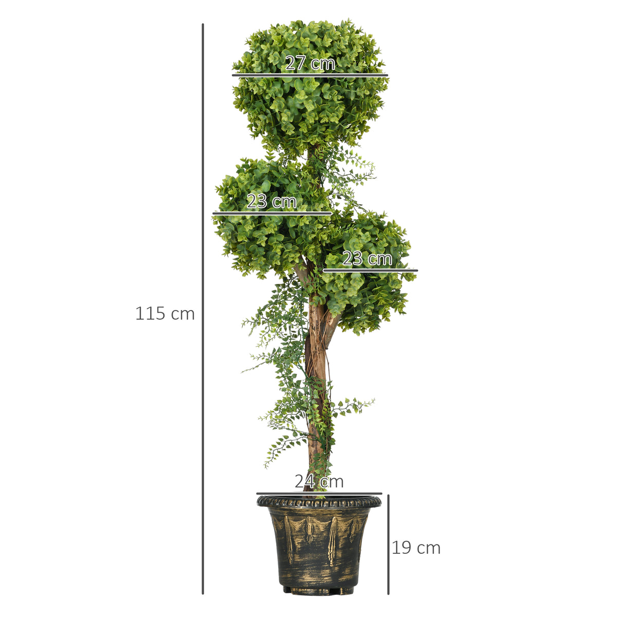 Plante artificielle arbre artificiel 3 boules de buis avec pot ciment, intérieur et extérieur, hauteur 115 cm