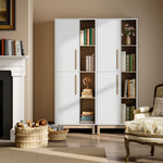 Meuble de Salle de Bain, Meuble de Rangement, 2 Portes, 4 Compartiments Ouverts et Étagères Réglables, Blanc et Naturel