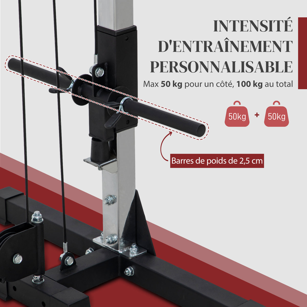 Appareil de musculation double poulie vis à vis crossover, charge libre avec haltère 2 x 50kg dim. 245L x 85l x 207H cm