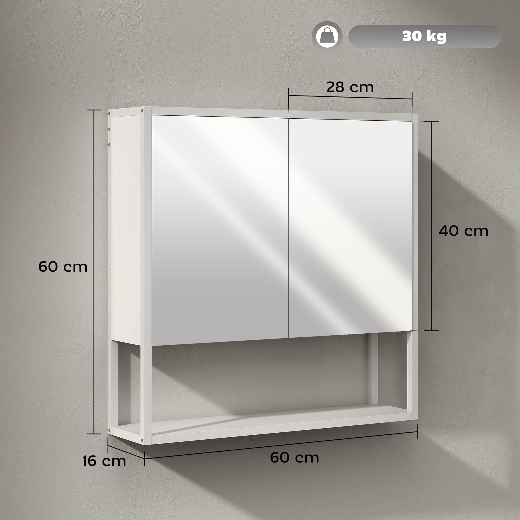 Armoire murale salle de bain avec miroir, meuble salle de bain, 2 portes miroir, étagère ouverte 60 x 16 x 60 cm blanc