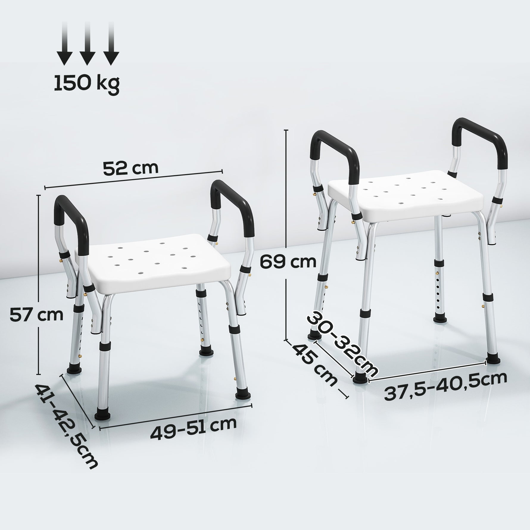 Tabouret de douche pour personnes âgées et handicapées avec accoudoirs, hauteur réglable, patins antidérapants, blanc