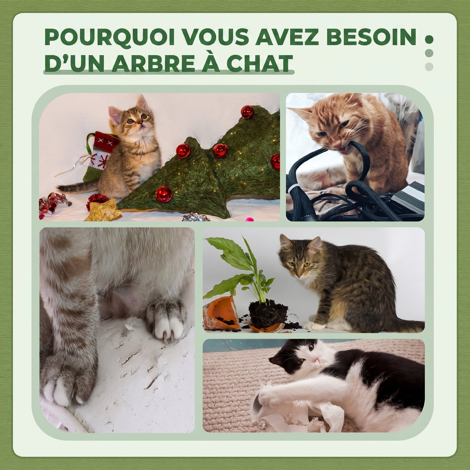 Arbre à Chat avec Griffoir, Centre d'Activités, Plateformes, Coussin, 45 x 45 x 91 cm, Vert et Beige